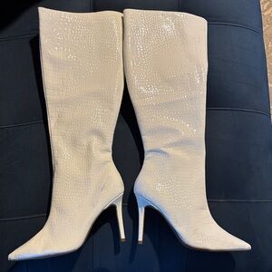 INC Elegant Cream WHITE Croc-Embossed Knee-High Boots